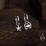 Sterling Silver Crab and Starfish Huggie Hoops, Silver, Gold or Rose Gold Finish, Detachable Cute Sea Star Hoop Earrings, Starfish Earrings