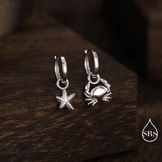 Sterling Silver Crab and Starfish Huggie Hoops, Silver, Gold or Rose Gold Finish, Detachable Cute Sea Star Hoop Earrings, Starfish Earrings
