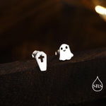 Mismatched Ghost and Coffin Stud Earrings in Sterling Silver, Asymmetric Tiny Ghost Earrings, Cute Halloween Jewellery