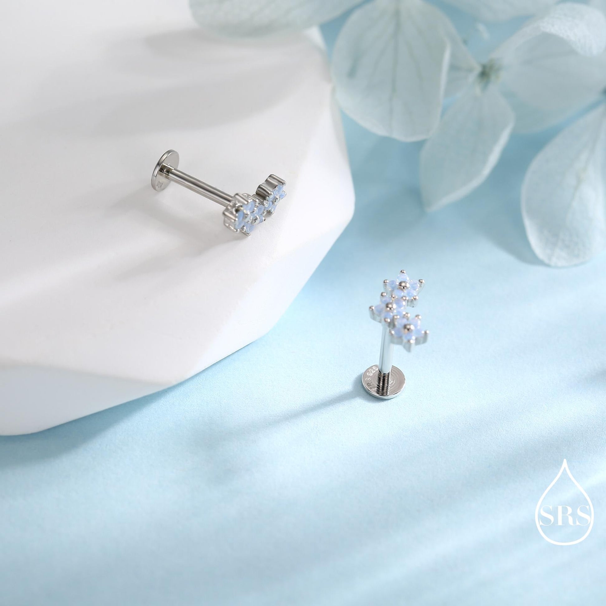 Internally Threaded CZ Flower Flat Back Earrings in Sterling Silver, Opal Blue Forget Me Not Flower Bouquet CZ Earrings, Gold or Rose Gold