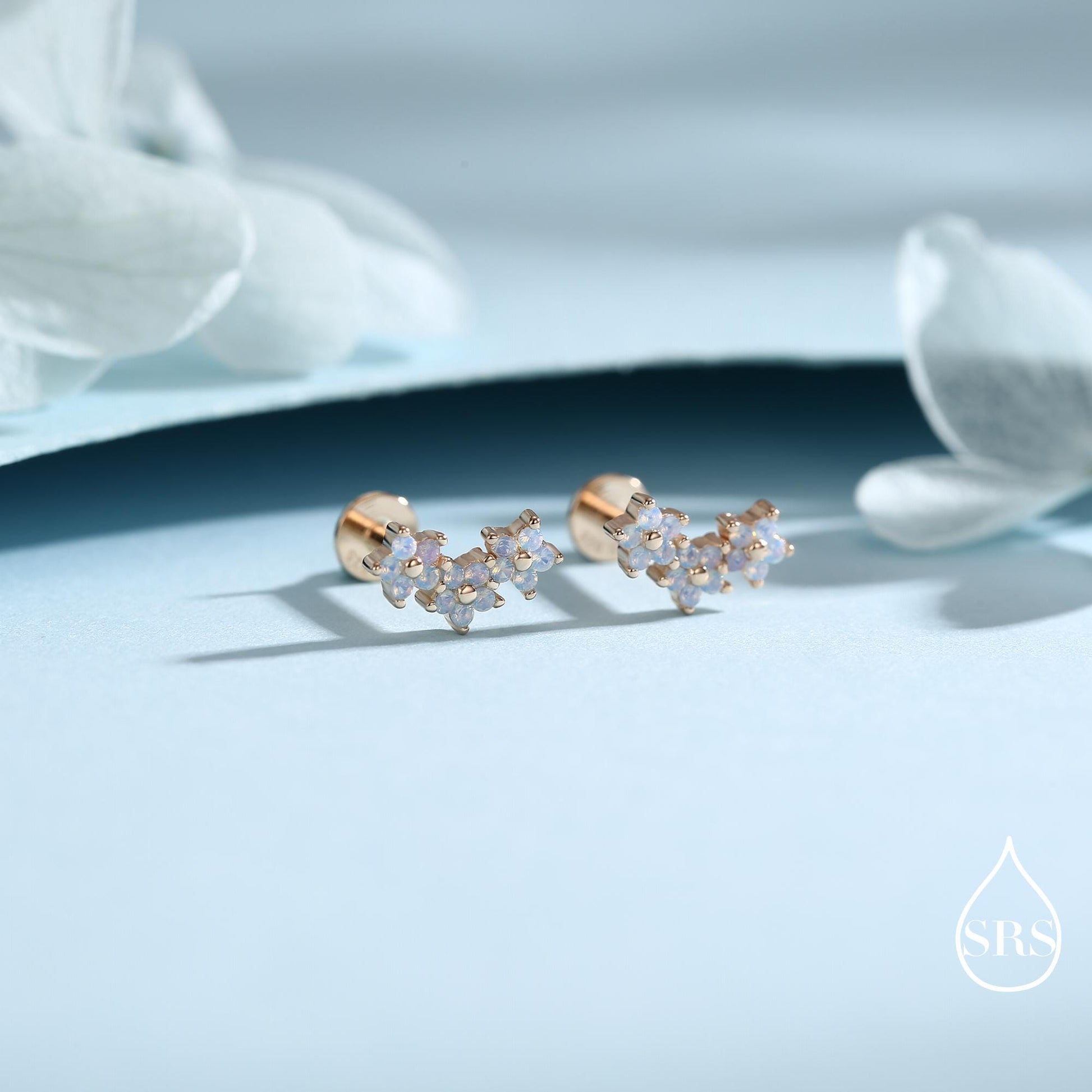 Internally Threaded CZ Flower Flat Back Earrings in Sterling Silver, Opal Blue Forget Me Not Flower Bouquet CZ Earrings, Gold or Rose Gold