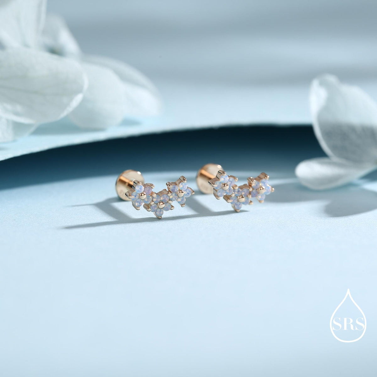 Internally Threaded CZ Flower Flat Back Earrings in Sterling Silver, Opal Blue Forget Me Not Flower Bouquet CZ Earrings, Gold or Rose Gold