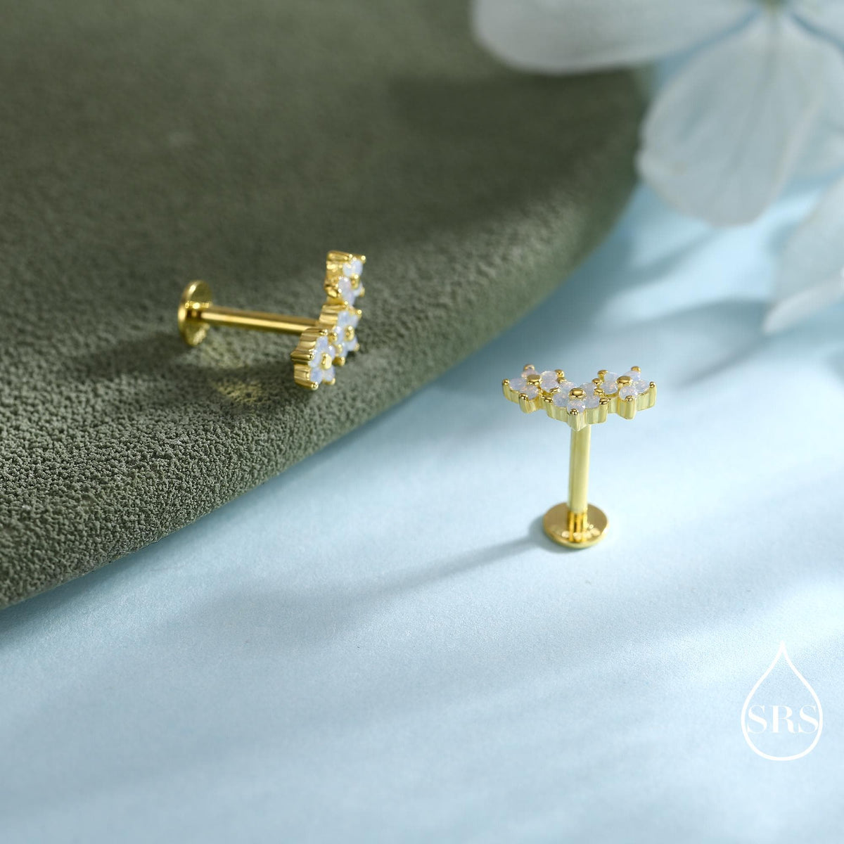 Internally Threaded CZ Flower Flat Back Earrings in Sterling Silver, Opal Blue Forget Me Not Flower Bouquet CZ Earrings, Gold or Rose Gold