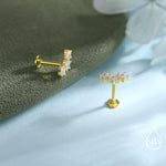 Internally Threaded CZ Flower Flat Back Earrings in Sterling Silver, Opal Blue Forget Me Not Flower Bouquet CZ Earrings, Gold or Rose Gold