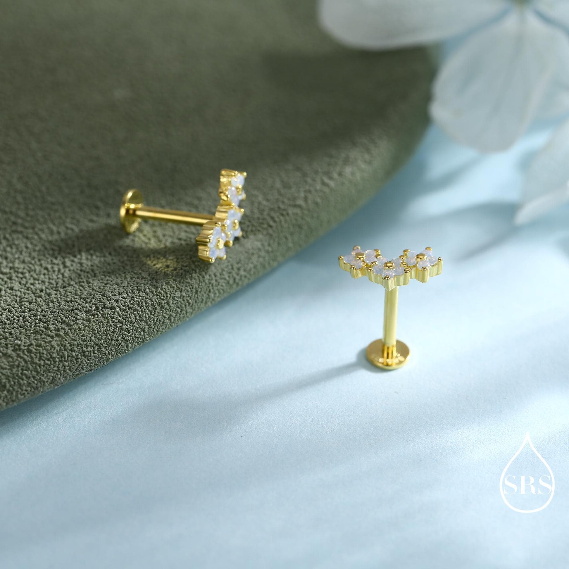 Internally Threaded CZ Flower Flat Back Earrings in Sterling Silver, Opal Blue Forget Me Not Flower Bouquet CZ Earrings, Gold or Rose Gold