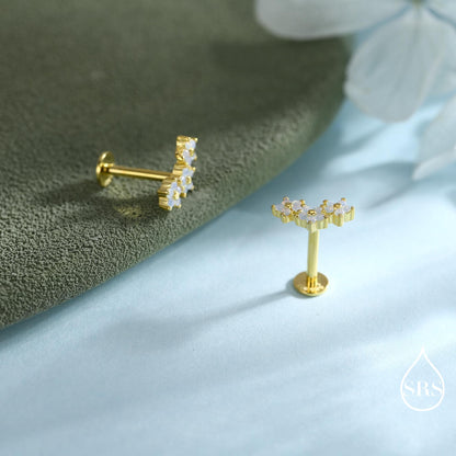 Internally Threaded CZ Flower Flat Back Earrings in Sterling Silver, Opal Blue Forget Me Not Flower Bouquet CZ Earrings, Gold or Rose Gold