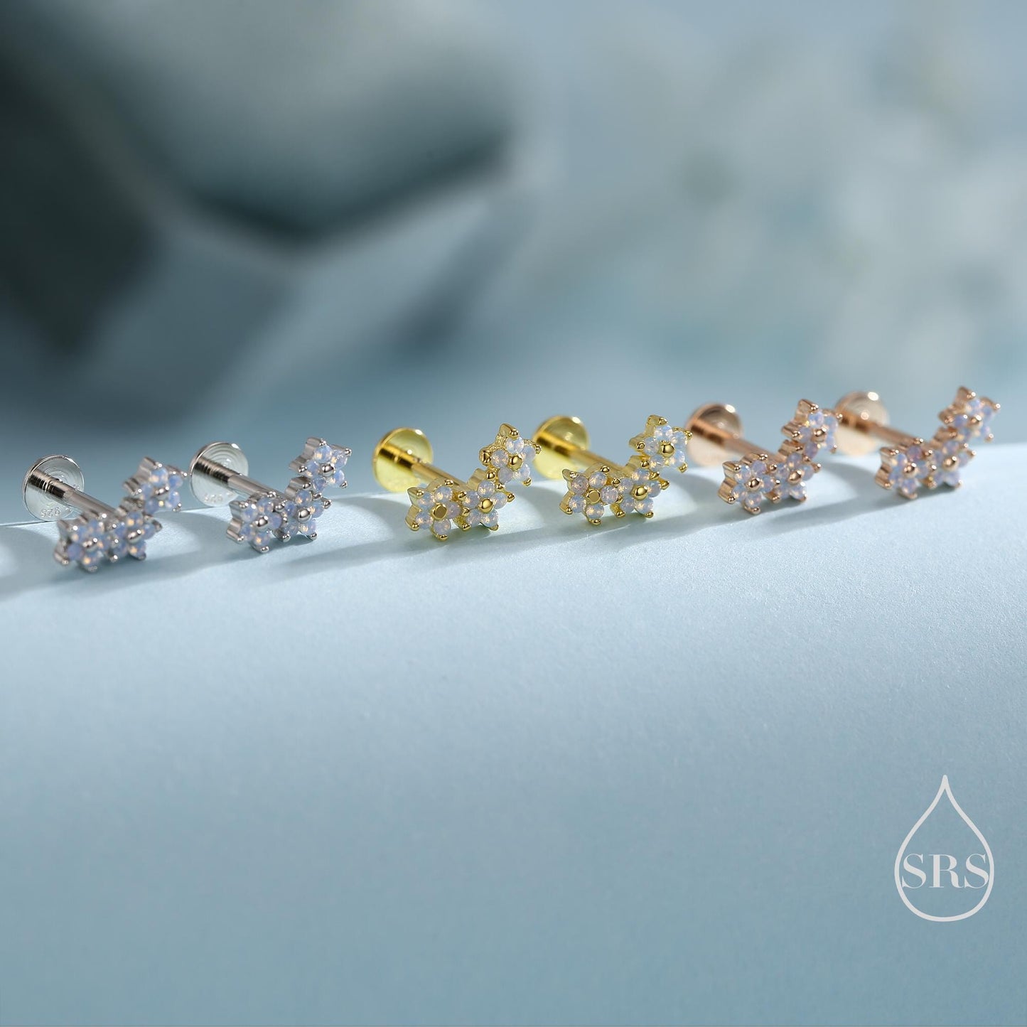 Internally Threaded CZ Flower Flat Back Earrings in Sterling Silver, Opal Blue Forget Me Not Flower Bouquet CZ Earrings, Gold or Rose Gold