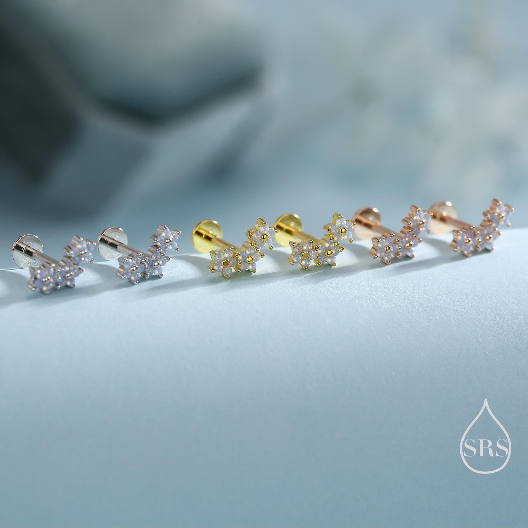 Internally Threaded CZ Flower Flat Back Earrings in Sterling Silver, Opal Blue Forget Me Not Flower Bouquet CZ Earrings, Gold or Rose Gold