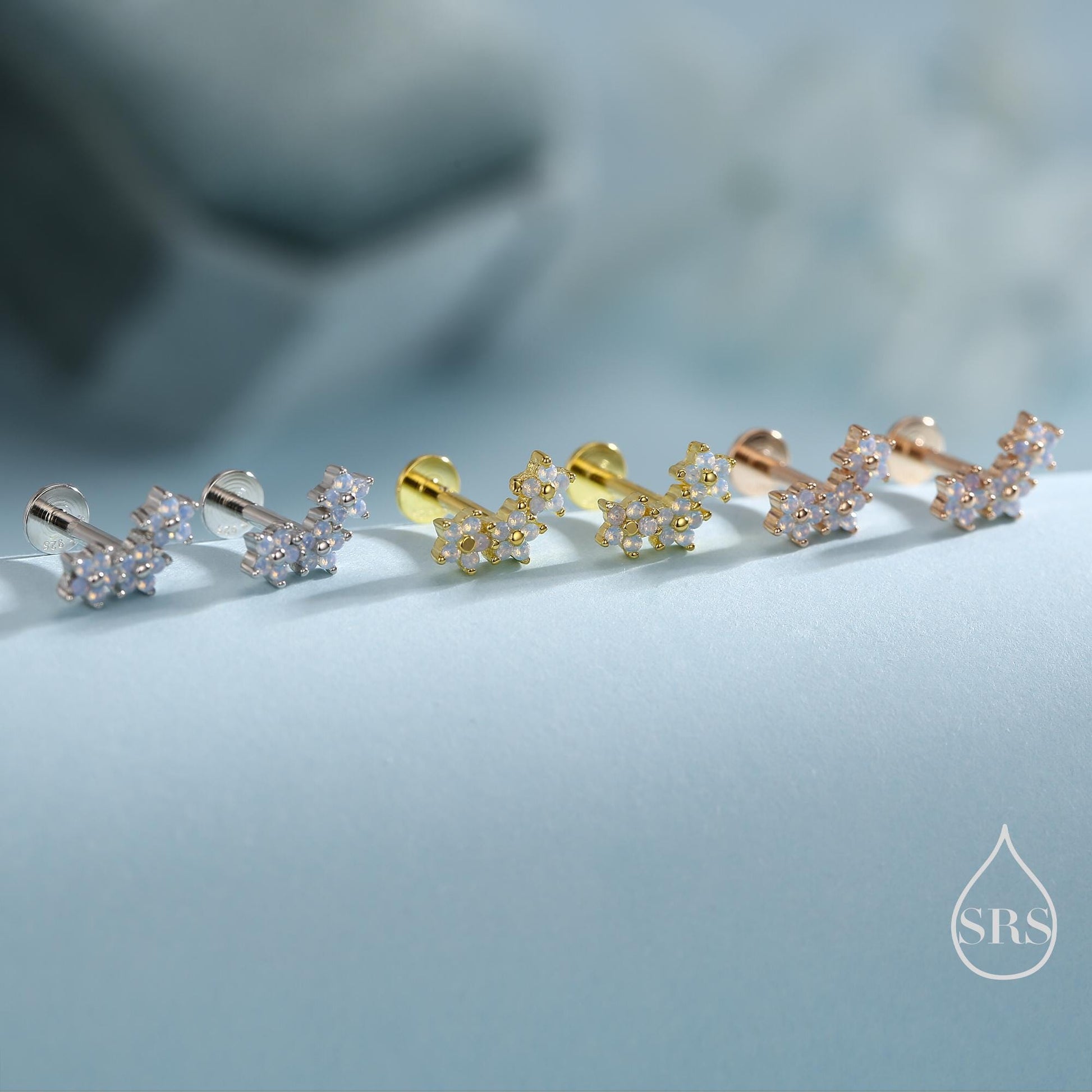 Internally Threaded CZ Flower Flat Back Earrings in Sterling Silver, Opal Blue Forget Me Not Flower Bouquet CZ Earrings, Gold or Rose Gold