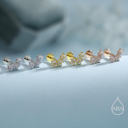 Internally Threaded CZ Flower Flat Back Earrings in Sterling Silver, Opal Blue Forget Me Not Flower Bouquet CZ Earrings, Gold or Rose Gold