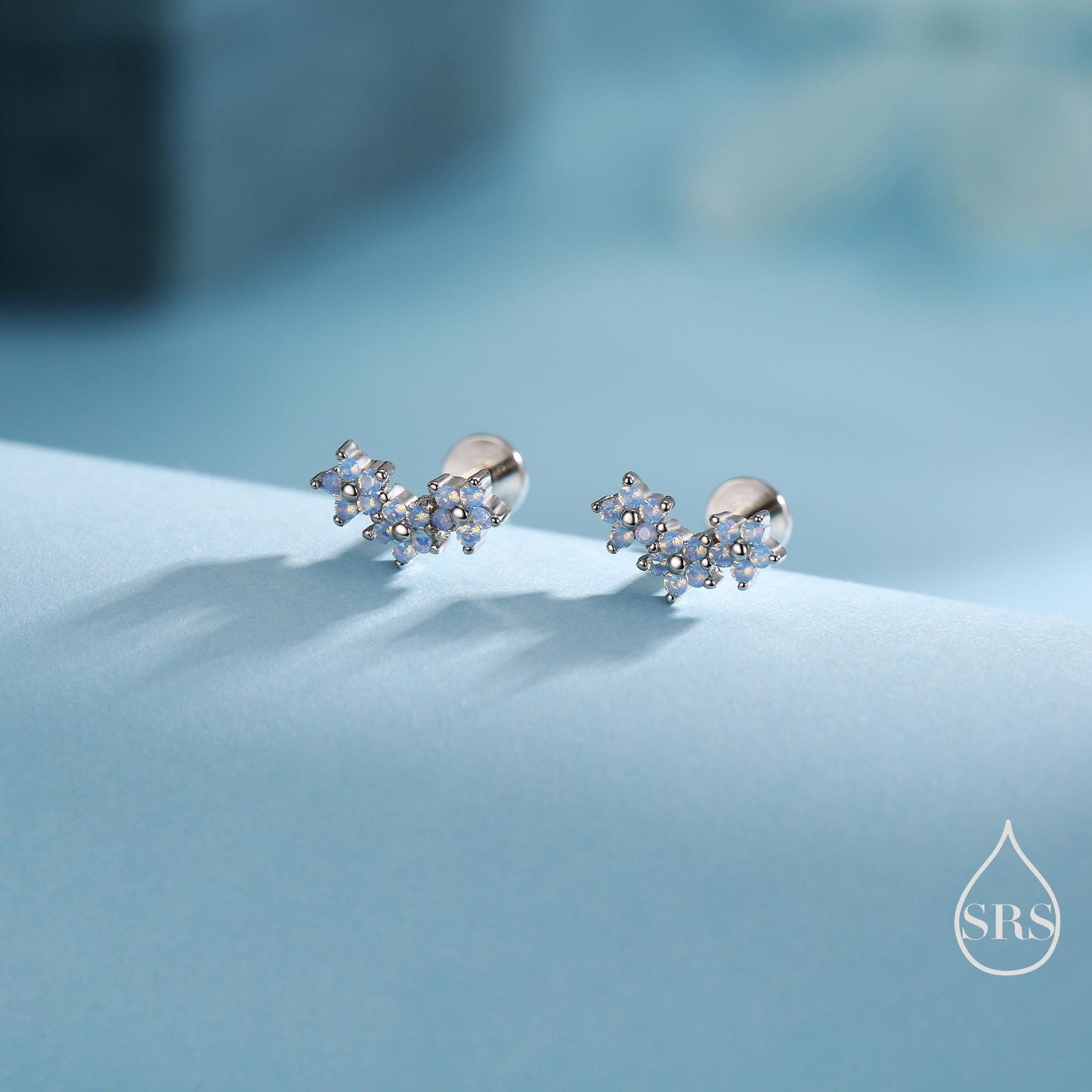 Internally Threaded CZ Flower Flat Back Earrings in Sterling Silver, Opal Blue Forget Me Not Flower Bouquet CZ Earrings, Gold or Rose Gold