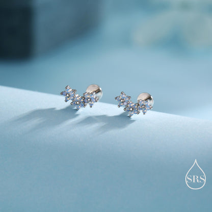 Internally Threaded CZ Flower Flat Back Earrings in Sterling Silver, Opal Blue Forget Me Not Flower Bouquet CZ Earrings, Gold or Rose Gold