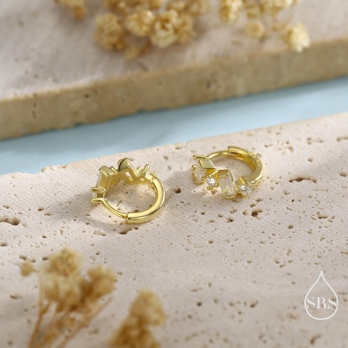 Baguette CZ Cluster Huggie Hoop in Sterling Silver, Silver or Gold, Geometric Hoop Earrings