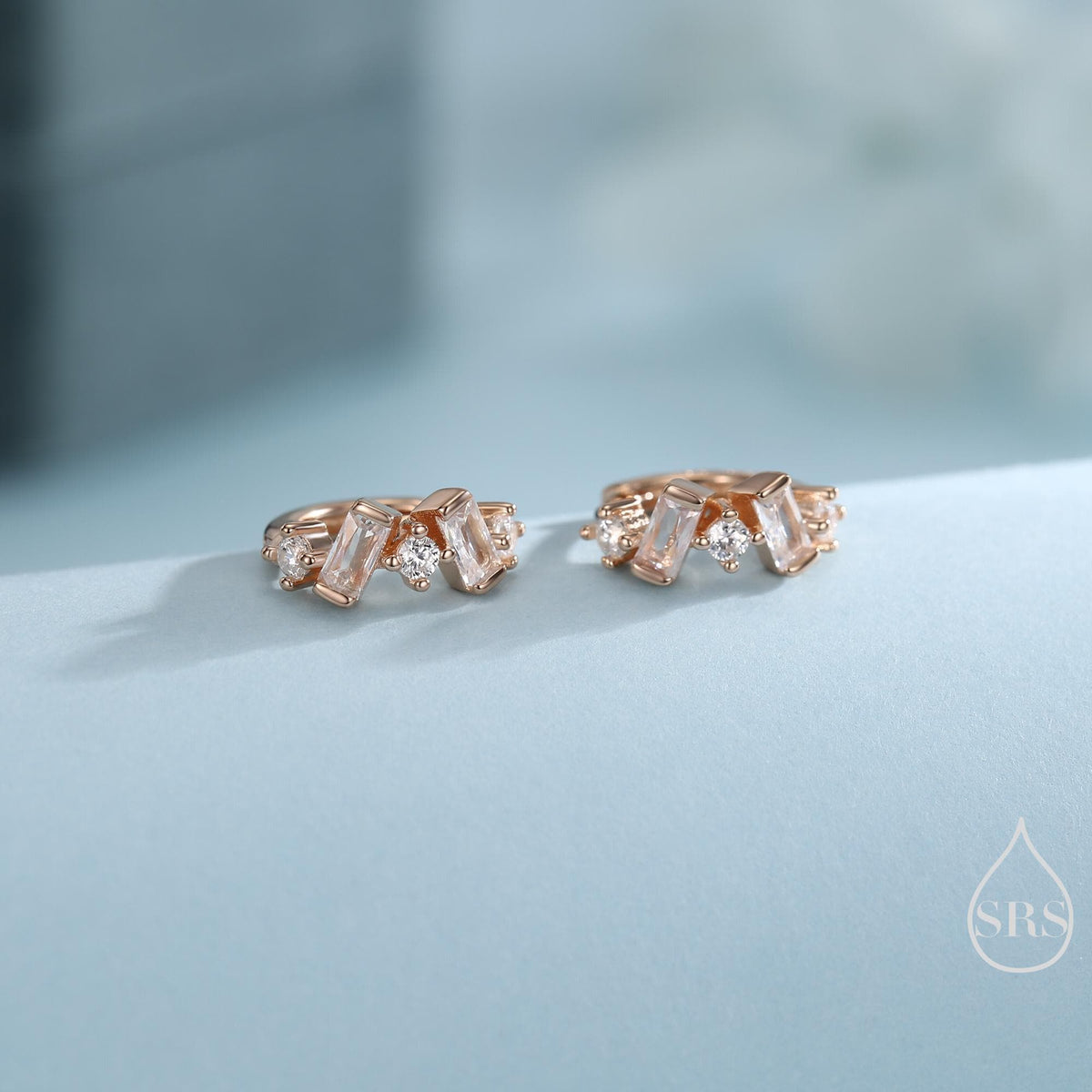 Baguette CZ Cluster Huggie Hoop in Sterling Silver, Silver or Gold, Geometric Hoop Earrings