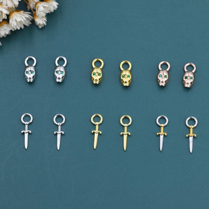 Skull and Sword Charms for Huggie Hoops, Sold as a pair, Sterling Silver Charms for Earrings, Detachable, Silver or Gold or Rose Gold