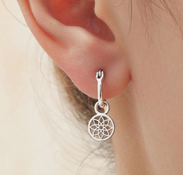 Disk Charms for Huggie Hoops in Sterling Silver, Sold as a pair, Mandala Flower Disk Charms for Earrings, Silver, Gold or Rose Gold