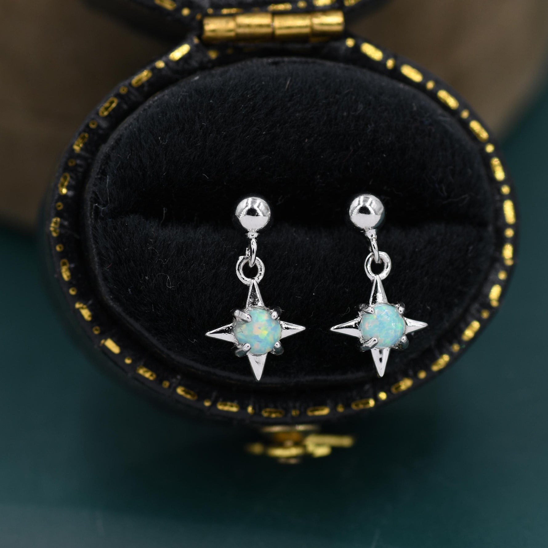 Aqua Green Opal Star Dangle Stud Earrings in Sterling Silver, Silver or Gold, Lab Opal Star Earrings, Sunburst Earrings, Celestial Earrings