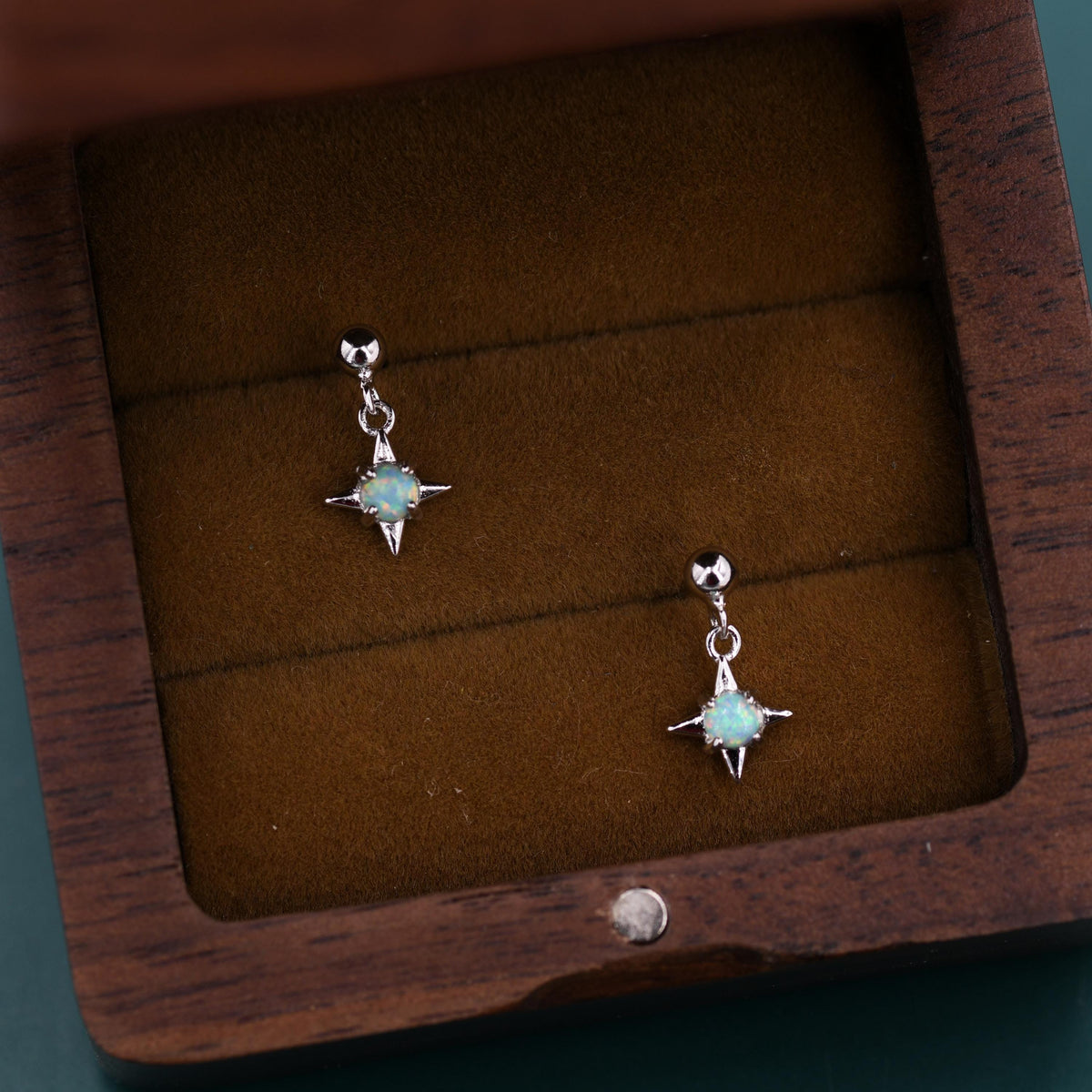 Aqua Green Opal Star Dangle Stud Earrings in Sterling Silver, Silver or Gold, Lab Opal Star Earrings, Sunburst Earrings, Celestial Earrings