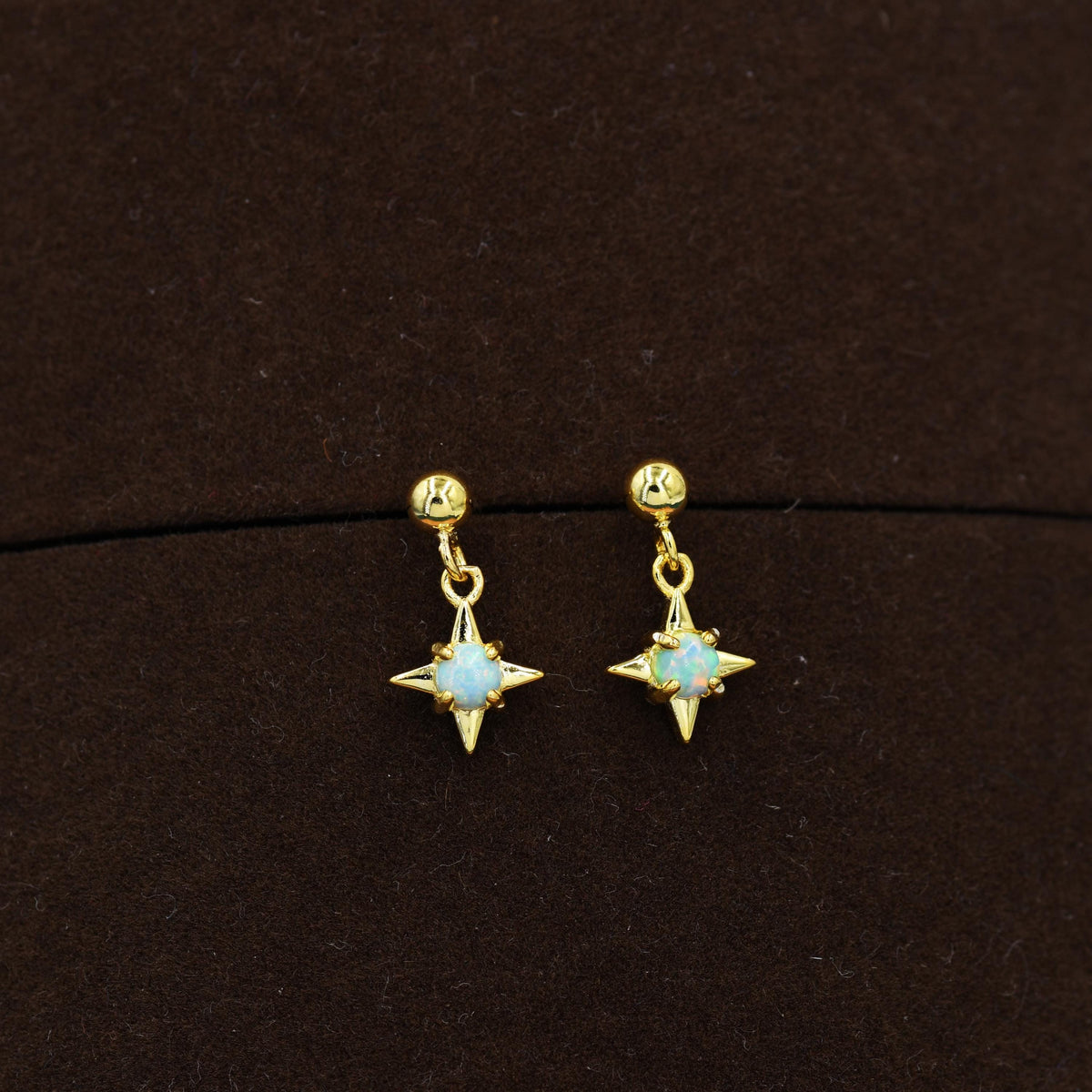 Aqua Green Opal Star Dangle Stud Earrings in Sterling Silver, Silver or Gold, Lab Opal Star Earrings, Sunburst Earrings, Celestial Earrings