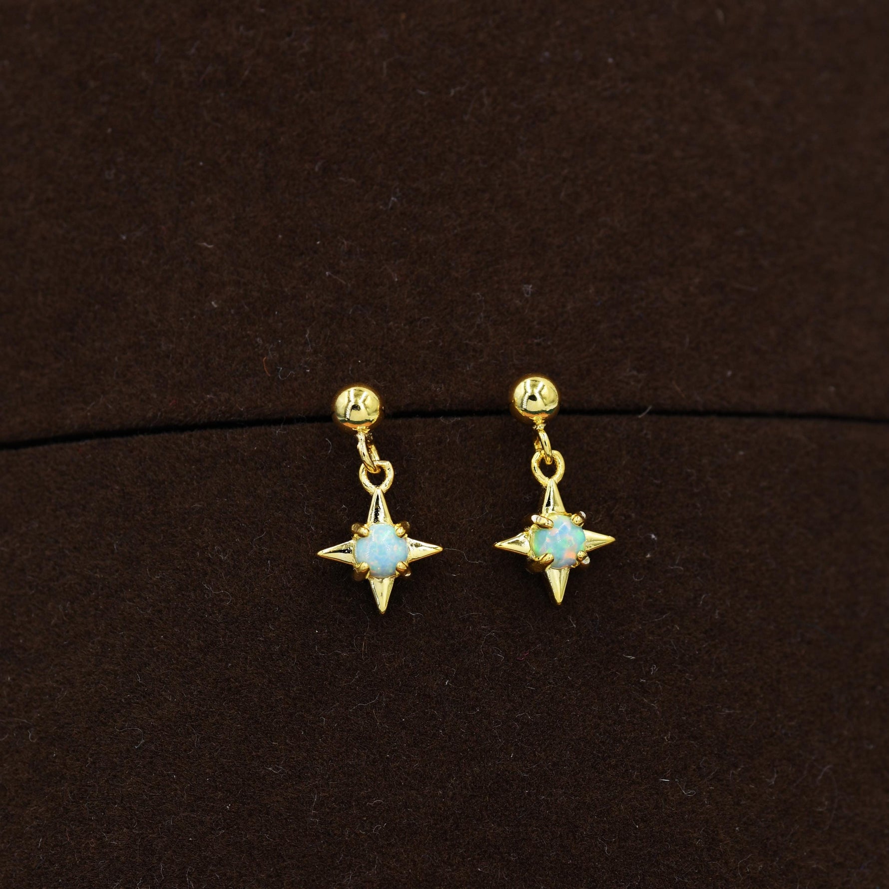 Aqua Green Opal Star Dangle Stud Earrings in Sterling Silver, Silver or Gold, Lab Opal Star Earrings, Sunburst Earrings, Celestial Earrings