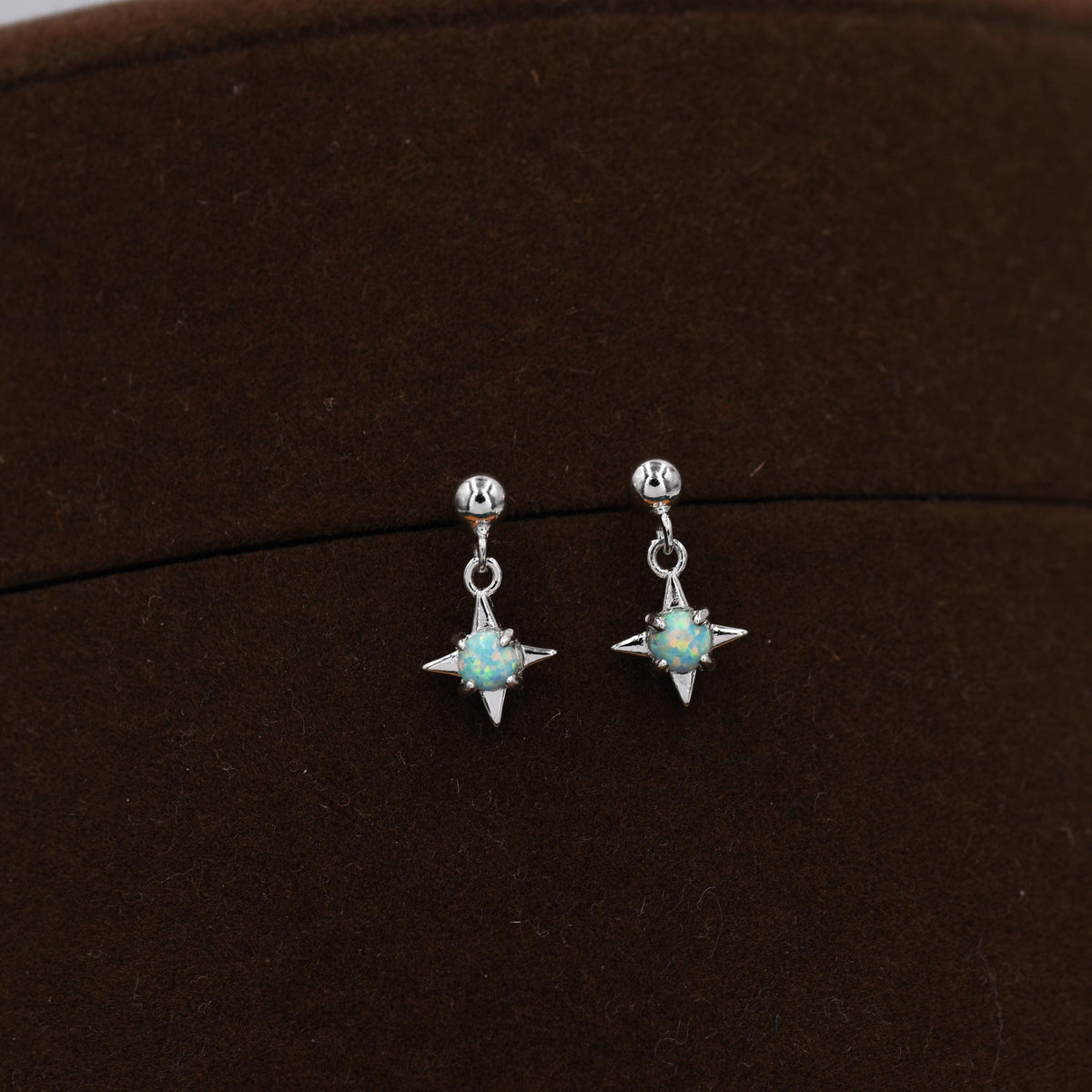 Aqua Green Opal Star Dangle Stud Earrings in Sterling Silver, Silver or Gold, Lab Opal Star Earrings, Sunburst Earrings, Celestial Earrings