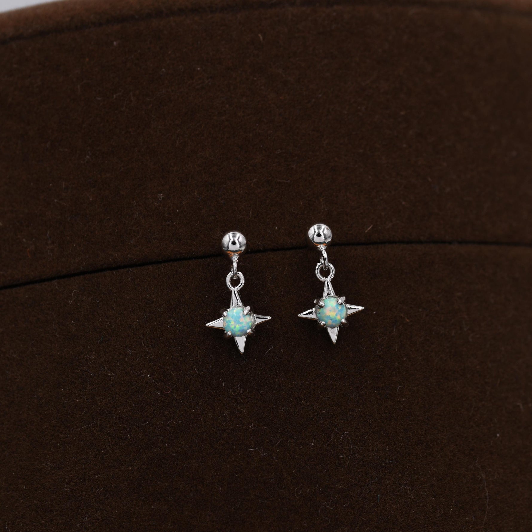 Aqua Green Opal Star Dangle Stud Earrings in Sterling Silver, Silver or Gold, Lab Opal Star Earrings, Sunburst Earrings, Celestial Earrings
