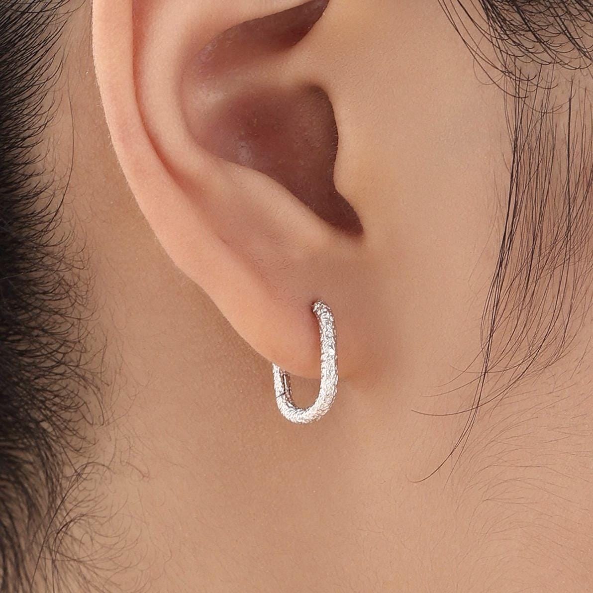 Foil Effect Oval Hoop Earrings in Sterling Silver, Organic Textured Rectangle Hoop Earrings, Organic Shape Square Huggies, Hammered Hoops