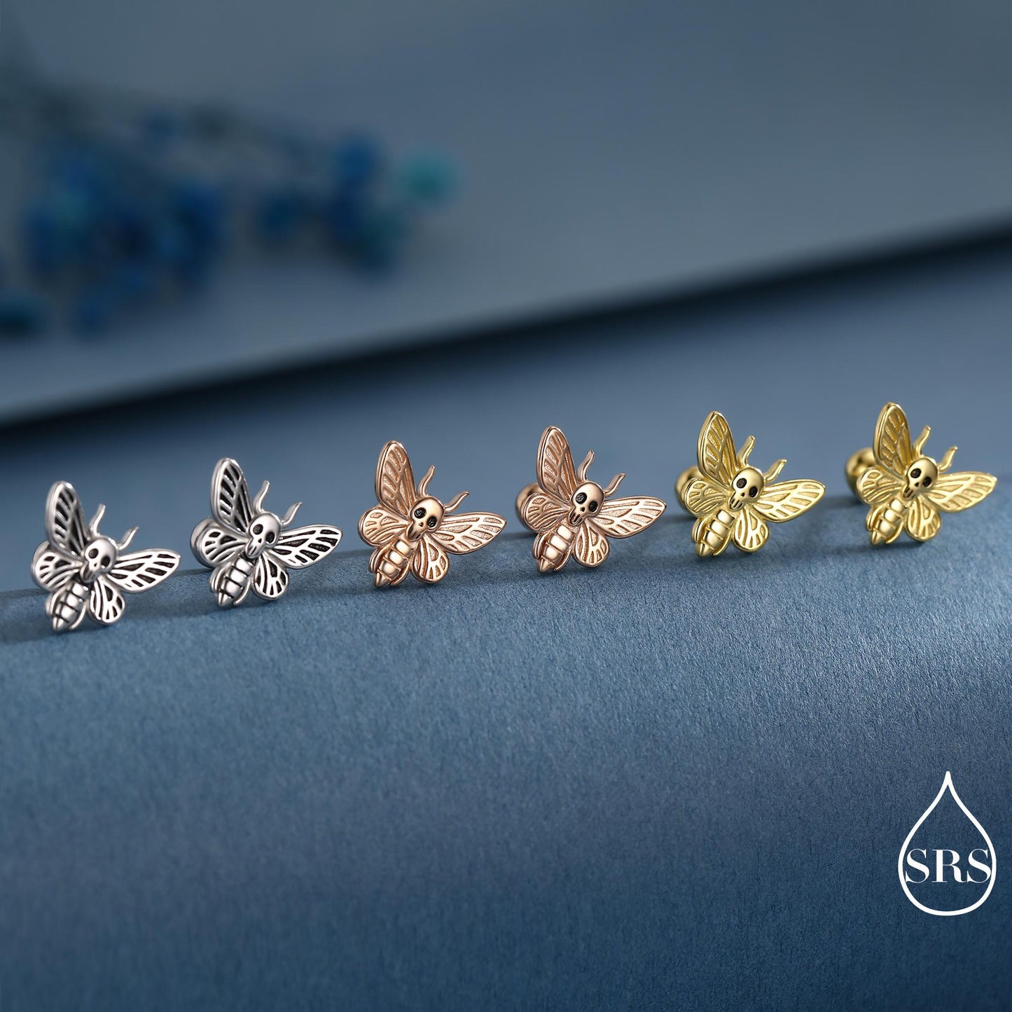 Death's-head Hawkmoth Moth Screw Back /Flat Back / Stud Earrings in Sterling Silver, Silver, Gold or Rose Gold, Nature Inspired