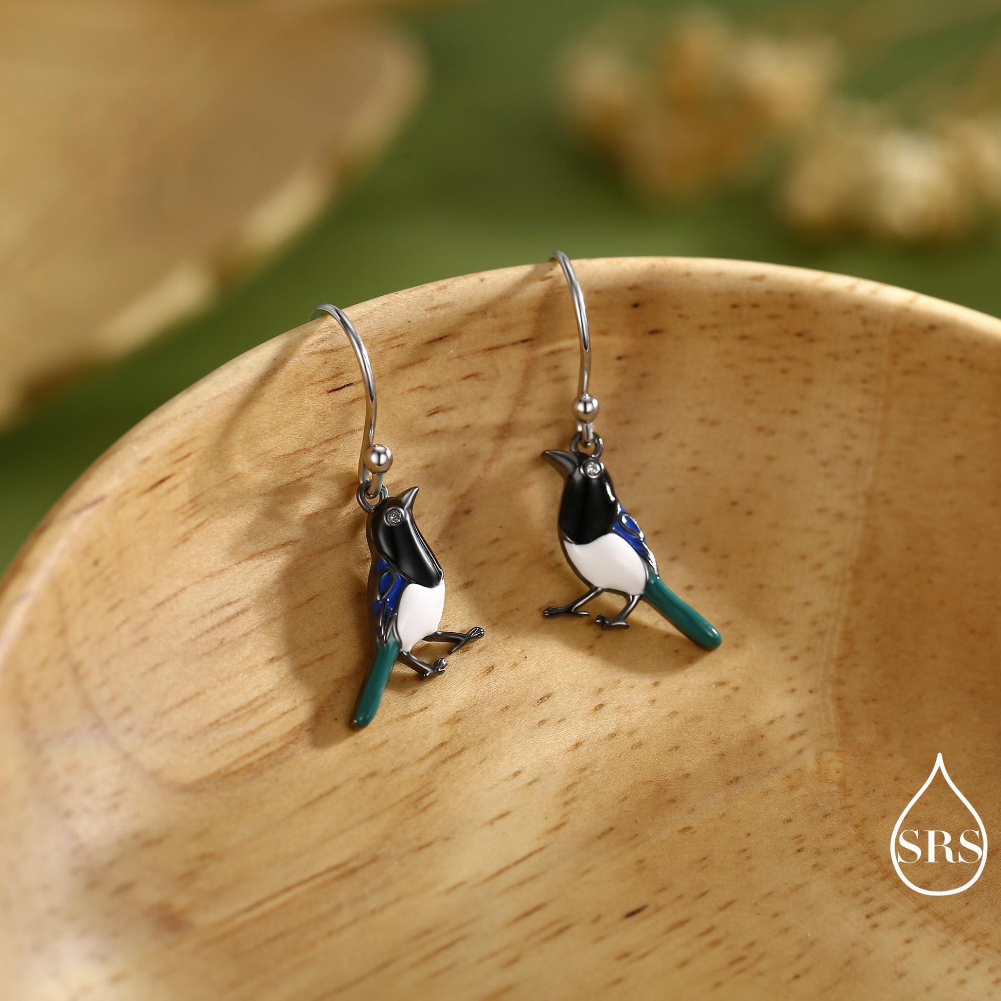 Sterling Silver Magpie Drop Hook Earrings, Enamel Coated Magpie Bird Earrings, Nature-Inspired Animal Earrings, Magpie Earrings