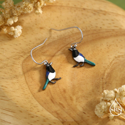 Sterling Silver Magpie Drop Hook Earrings, Enamel Coated Magpie Bird Earrings, Nature-Inspired Animal Earrings, Magpie Earrings