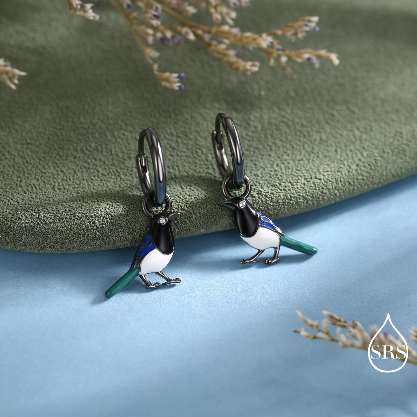 Magpie Charm Hoops and Pendant Necklace in Sterling Silver, Black Rhodium Coated, Cute Magpie Necklace and Earrings, Nature Inspired