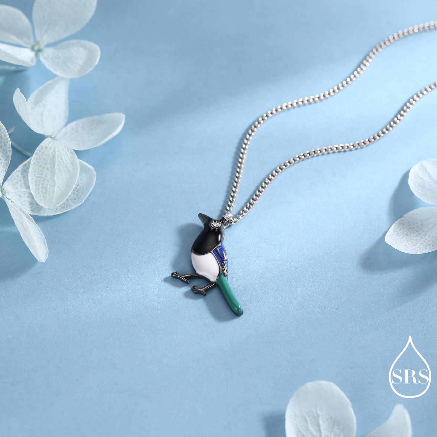 Magpie Charm Hoops and Pendant Necklace in Sterling Silver, Black Rhodium Coated, Cute Magpie Necklace and Earrings, Nature Inspired