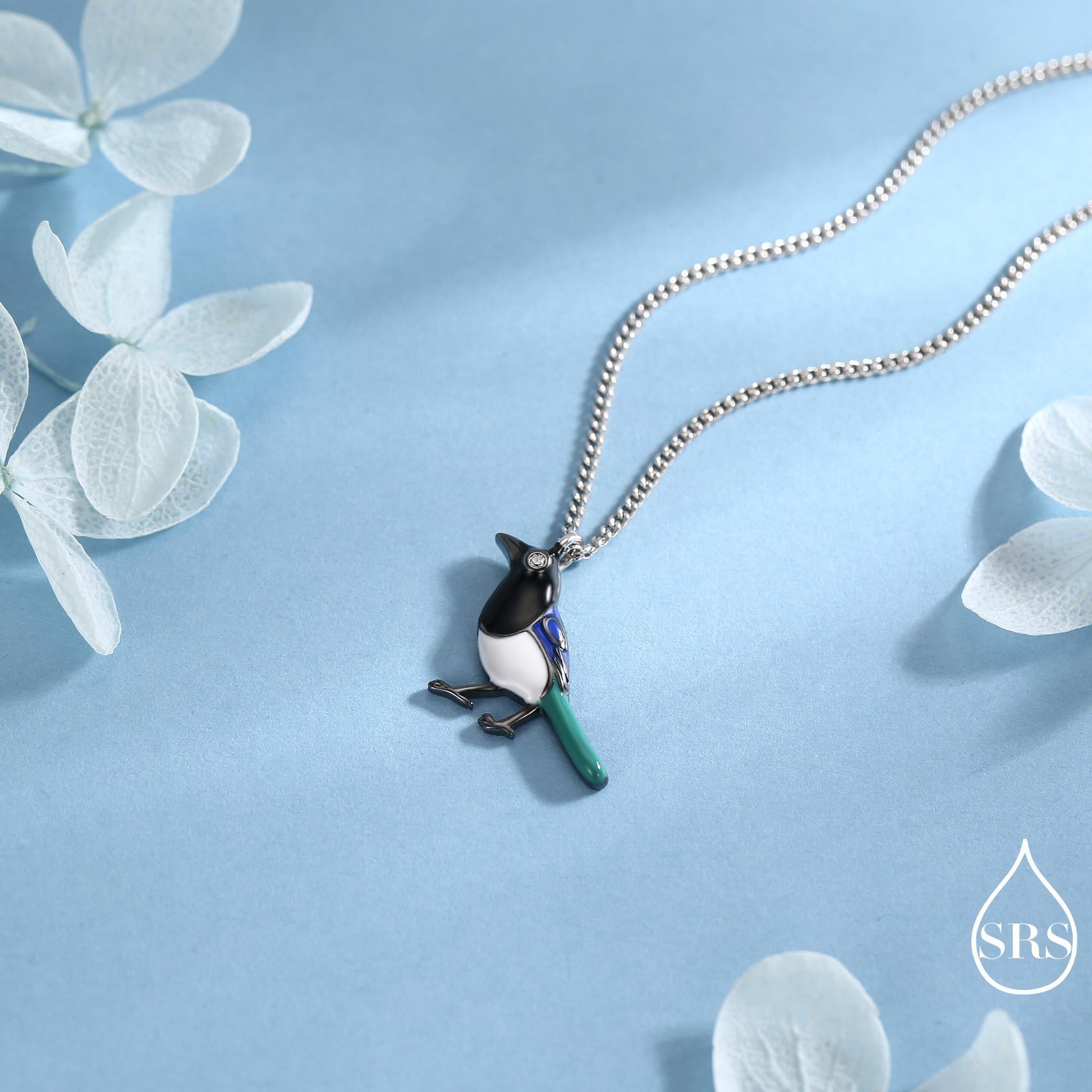 Magpie Charm Hoops and Pendant Necklace in Sterling Silver, Black Rhodium Coated, Cute Magpie Necklace and Earrings, Nature Inspired