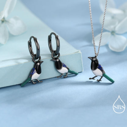 Magpie Charm Hoops and Pendant Necklace in Sterling Silver, Black Rhodium Coated, Cute Magpie Necklace and Earrings, Nature Inspired