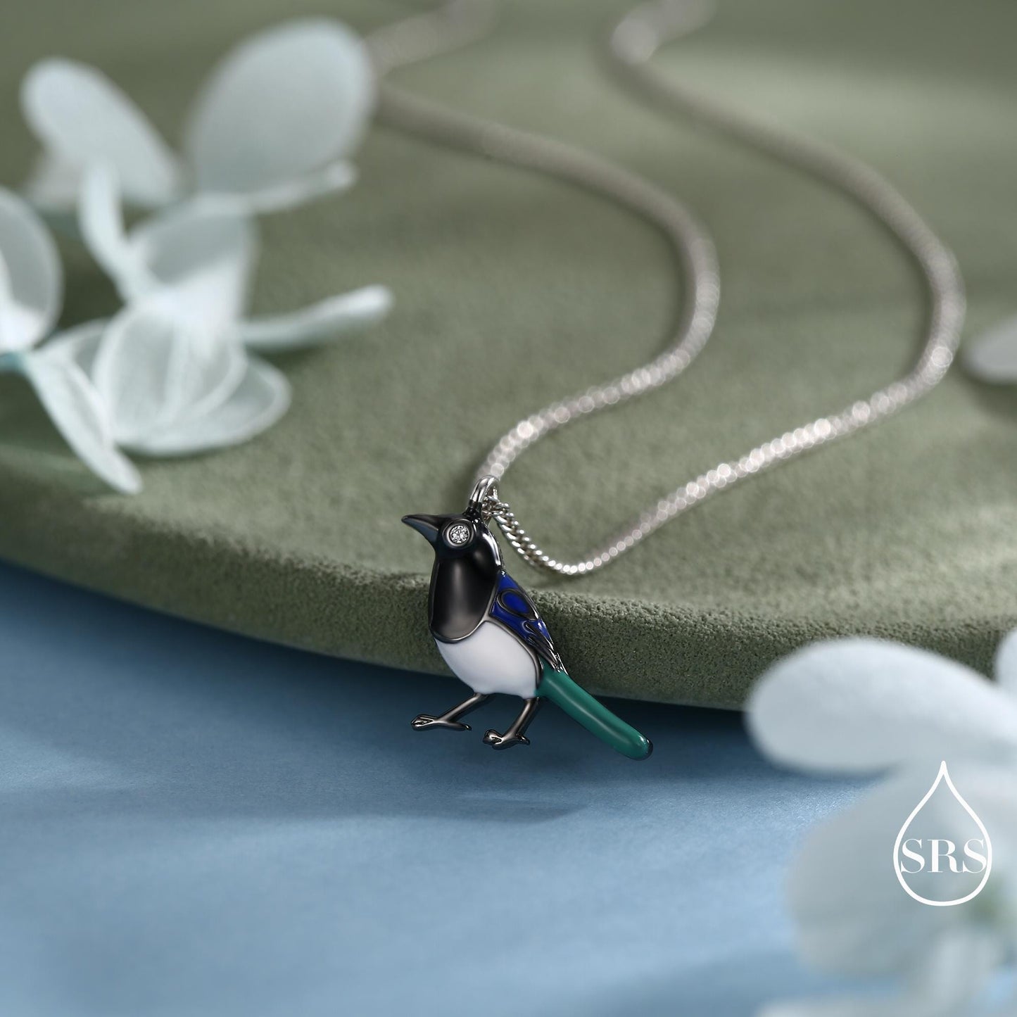 Magpie Charm Hoops and Pendant Necklace in Sterling Silver, Black Rhodium Coated, Cute Magpie Necklace and Earrings, Nature Inspired