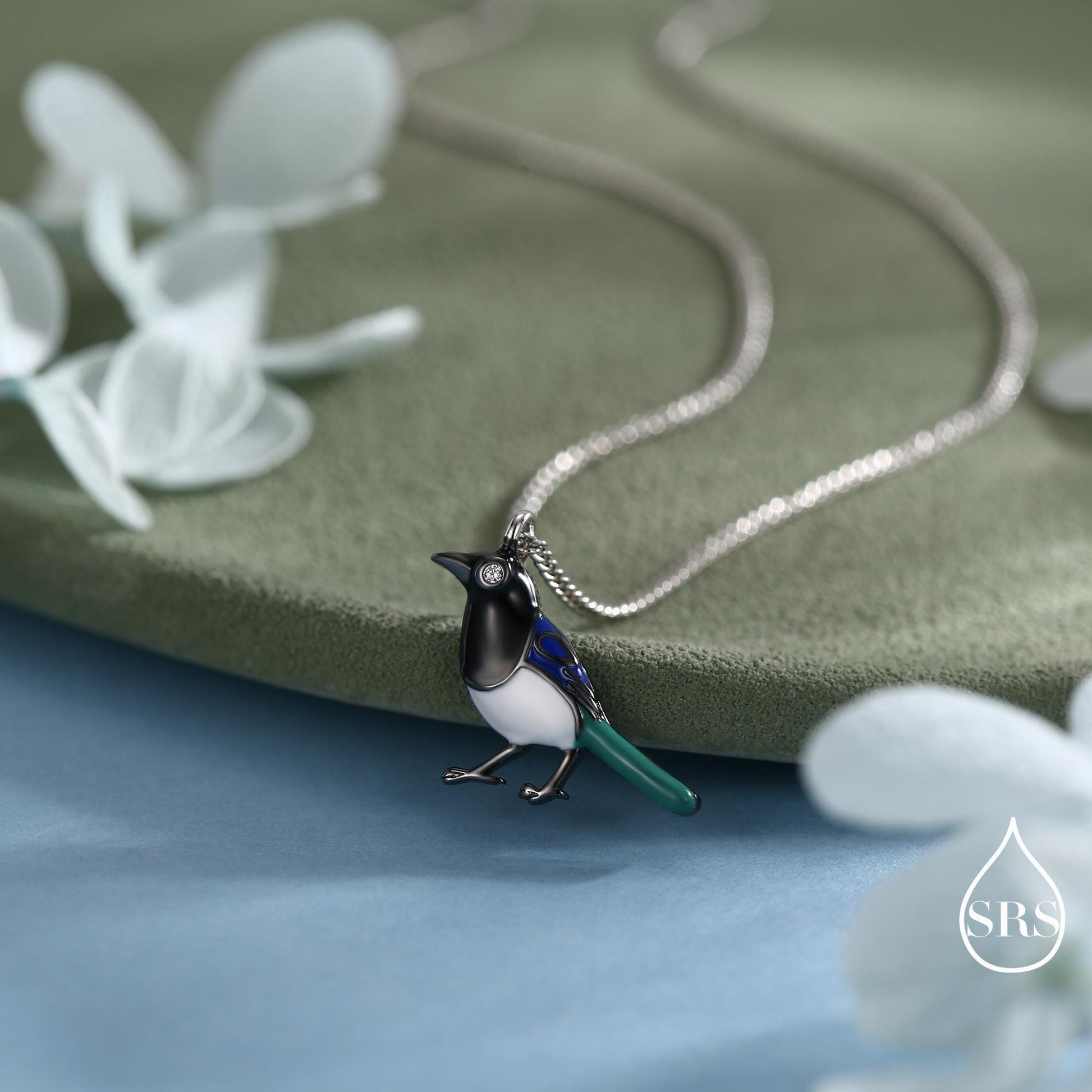 Magpie Charm Hoops and Pendant Necklace in Sterling Silver, Black Rhodium Coated, Cute Magpie Necklace and Earrings, Nature Inspired