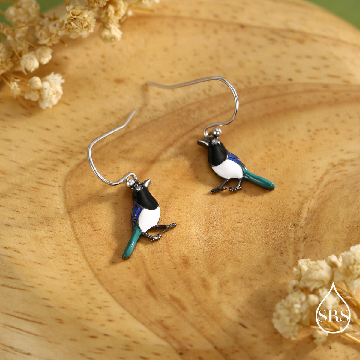 Magpie Drop Hook Earrings and Pendant Necklace in Sterling Silver, Black Rhodium Coated, Cute Magpie Necklace and Earrings, Nature Inspired