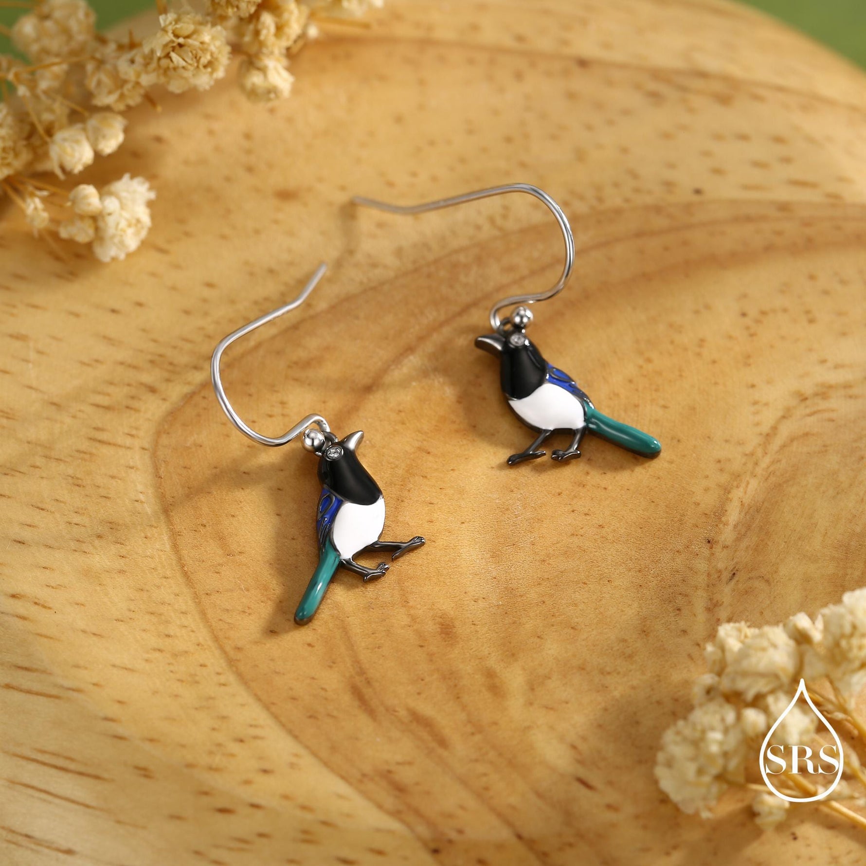 Magpie Drop Hook Earrings and Pendant Necklace in Sterling Silver, Black Rhodium Coated, Cute Magpie Necklace and Earrings, Nature Inspired