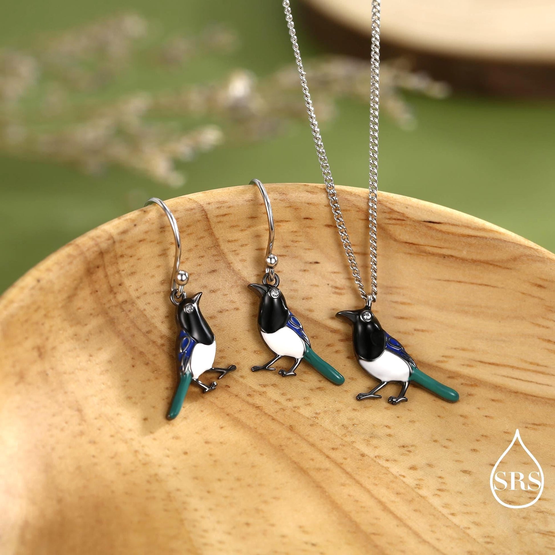 Magpie Drop Hook Earrings and Pendant Necklace in Sterling Silver, Black Rhodium Coated, Cute Magpie Necklace and Earrings, Nature Inspired