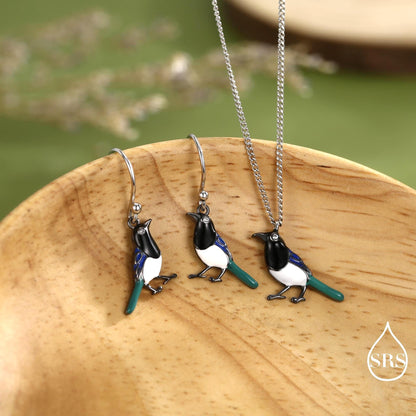 Magpie Drop Hook Earrings and Pendant Necklace in Sterling Silver, Black Rhodium Coated, Cute Magpie Necklace and Earrings, Nature Inspired