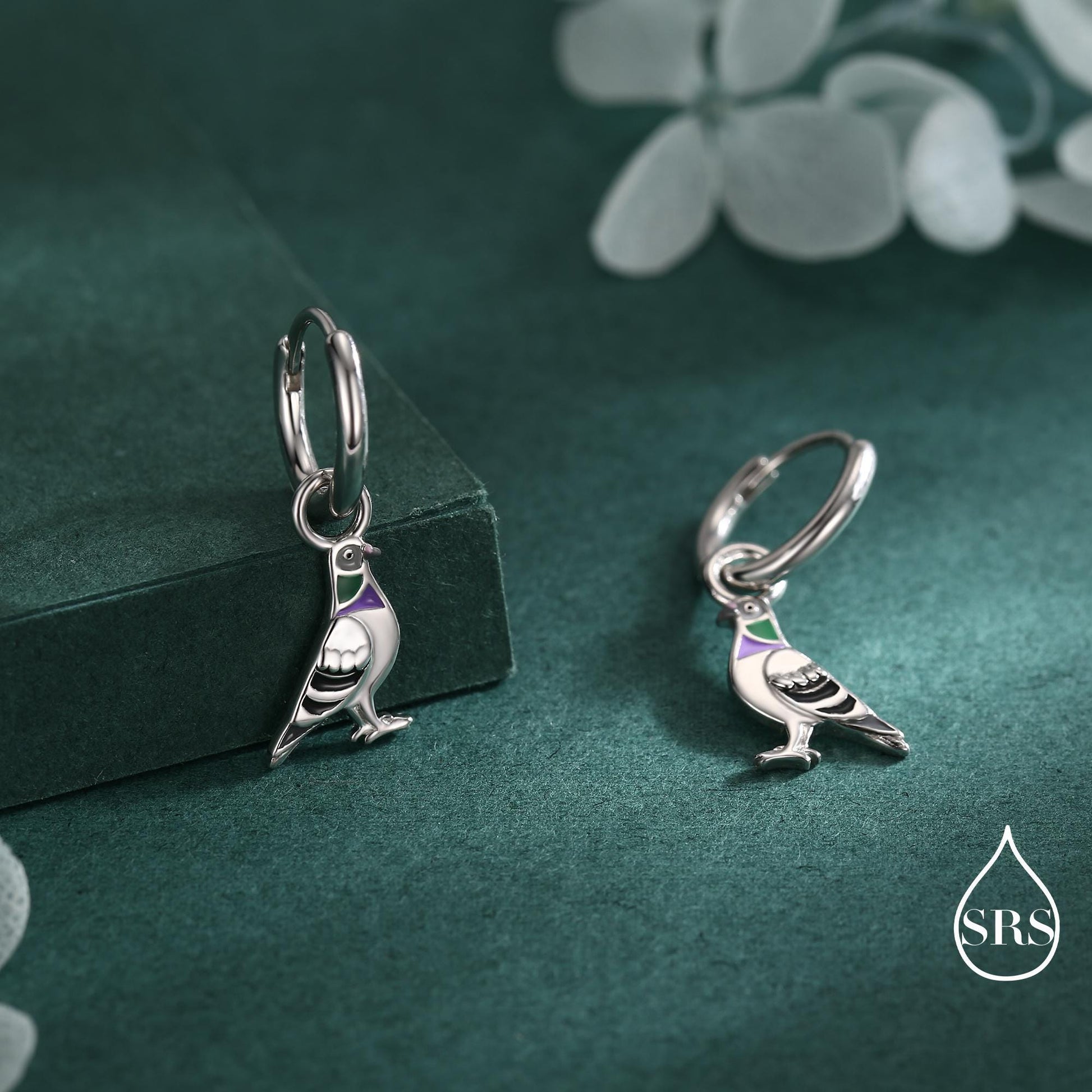 Pigeon Enamel Huggie Hoop Earrings in Sterling Silver, Detachable Pigeon Bird Hoop Earrings, Nature-Inspired Animal Earrings