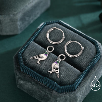 Pigeon Enamel Huggie Hoop Earrings in Sterling Silver, Detachable Pigeon Bird Hoop Earrings, Nature-Inspired Animal Earrings