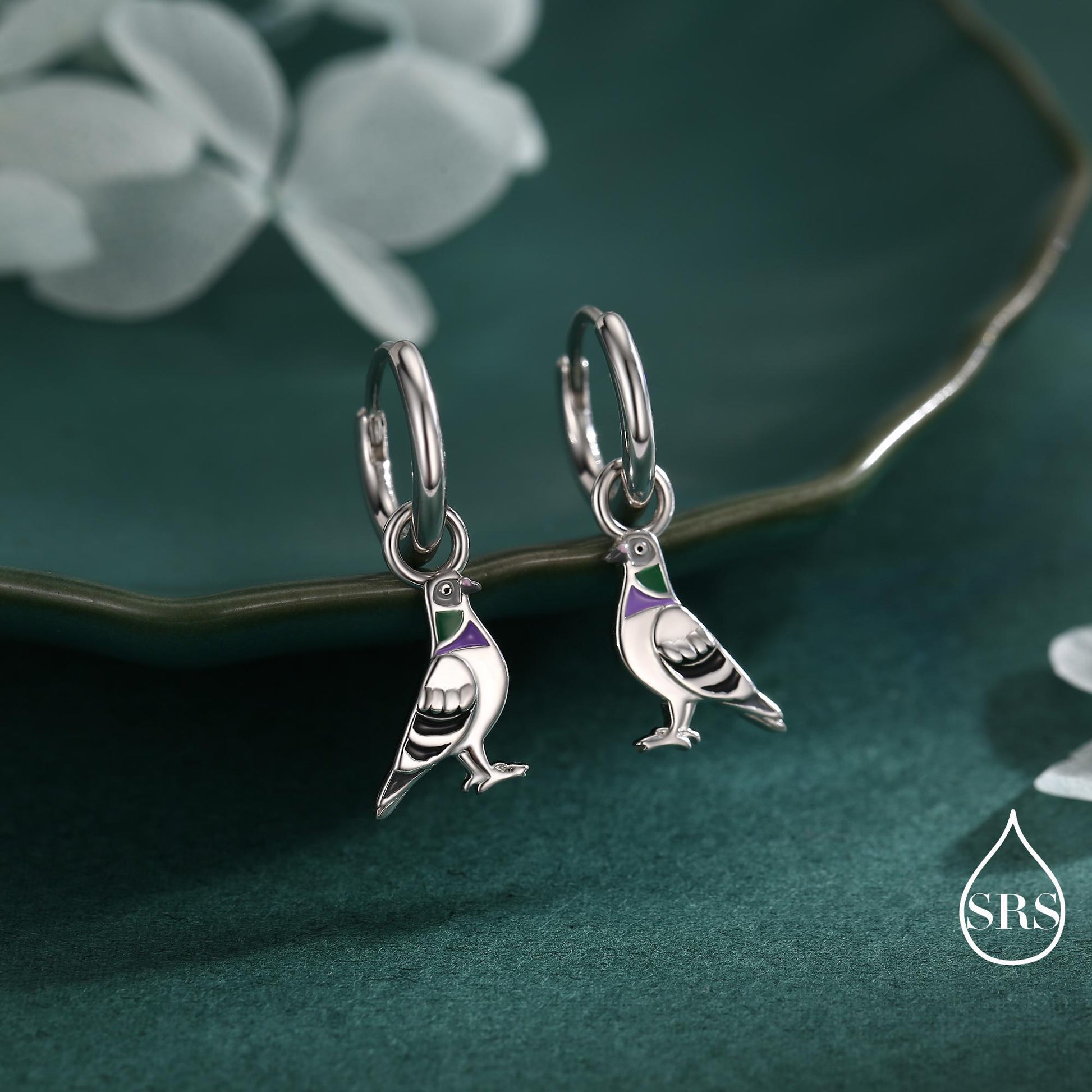 Pigeon Charm Hoops and Pendant Necklace in Sterling Silver, Rhodium Coated Cute Pigeon Necklace and Earrings, Nature Inspired