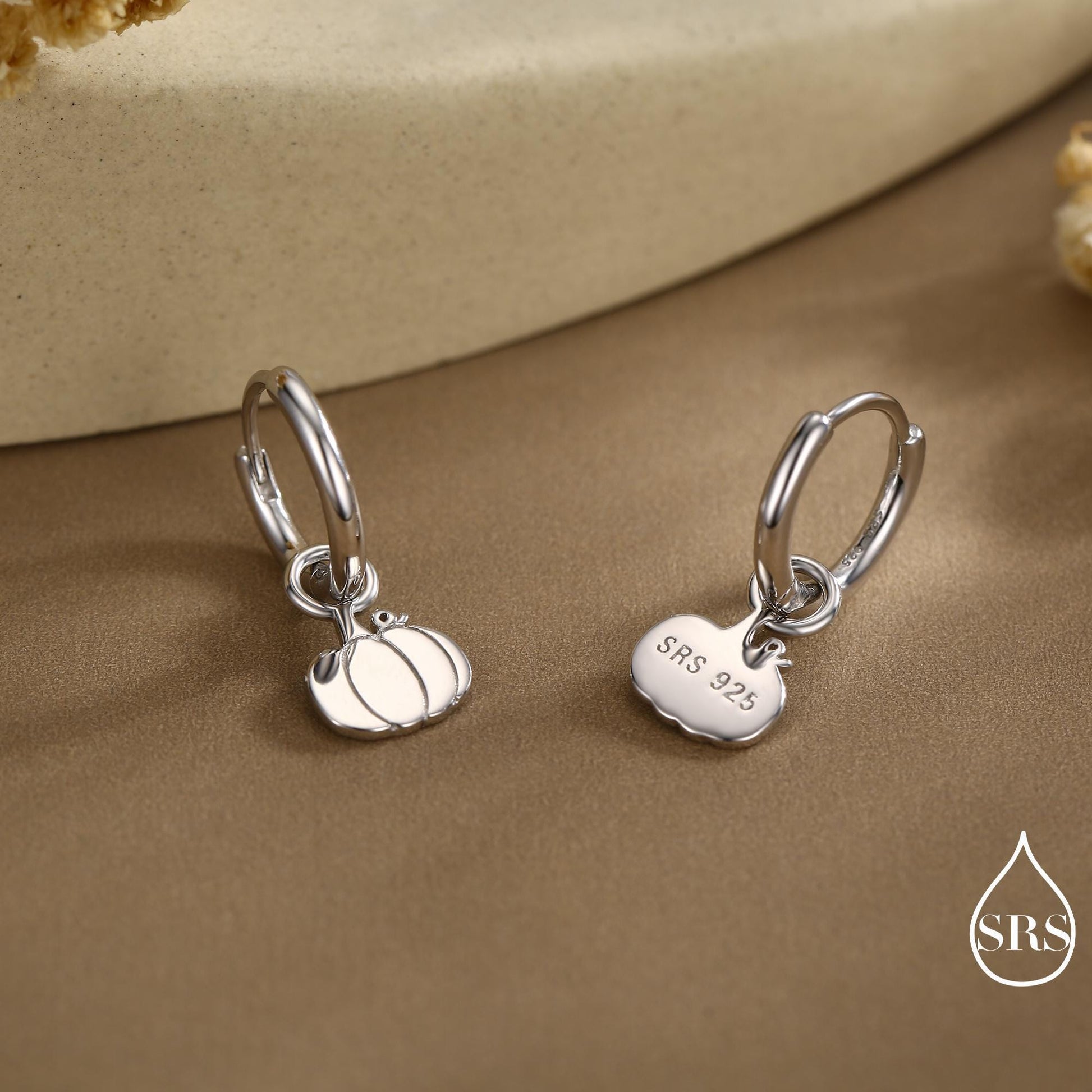 Cute Pumpkin Huggie Hoops Earrings in Sterling Silver, Silver or Gold or Rose Gold Finish, Pumpkin Earrings, Detachable Charms