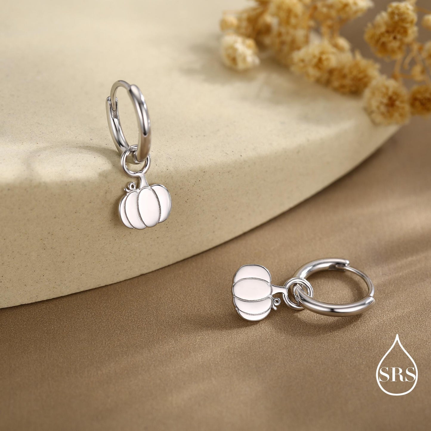 Cute Pumpkin Huggie Hoops Earrings in Sterling Silver, Silver or Gold or Rose Gold Finish, Pumpkin Earrings, Detachable Charms