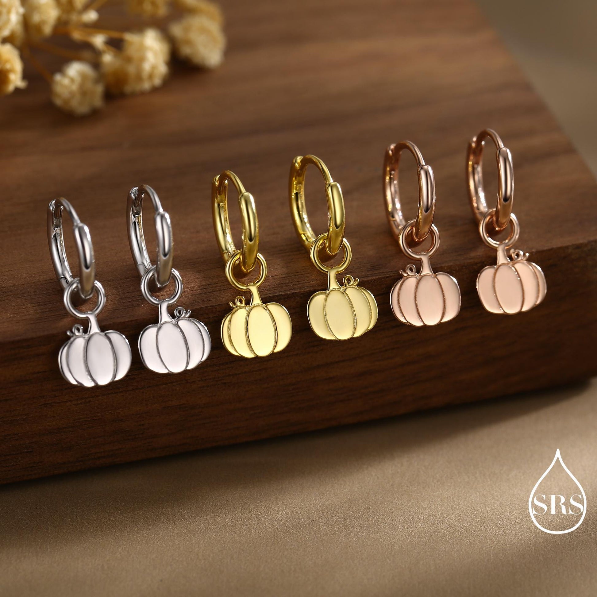 Cute Pumpkin Huggie Hoops Earrings in Sterling Silver, Silver or Gold or Rose Gold Finish, Pumpkin Earrings, Detachable Charms