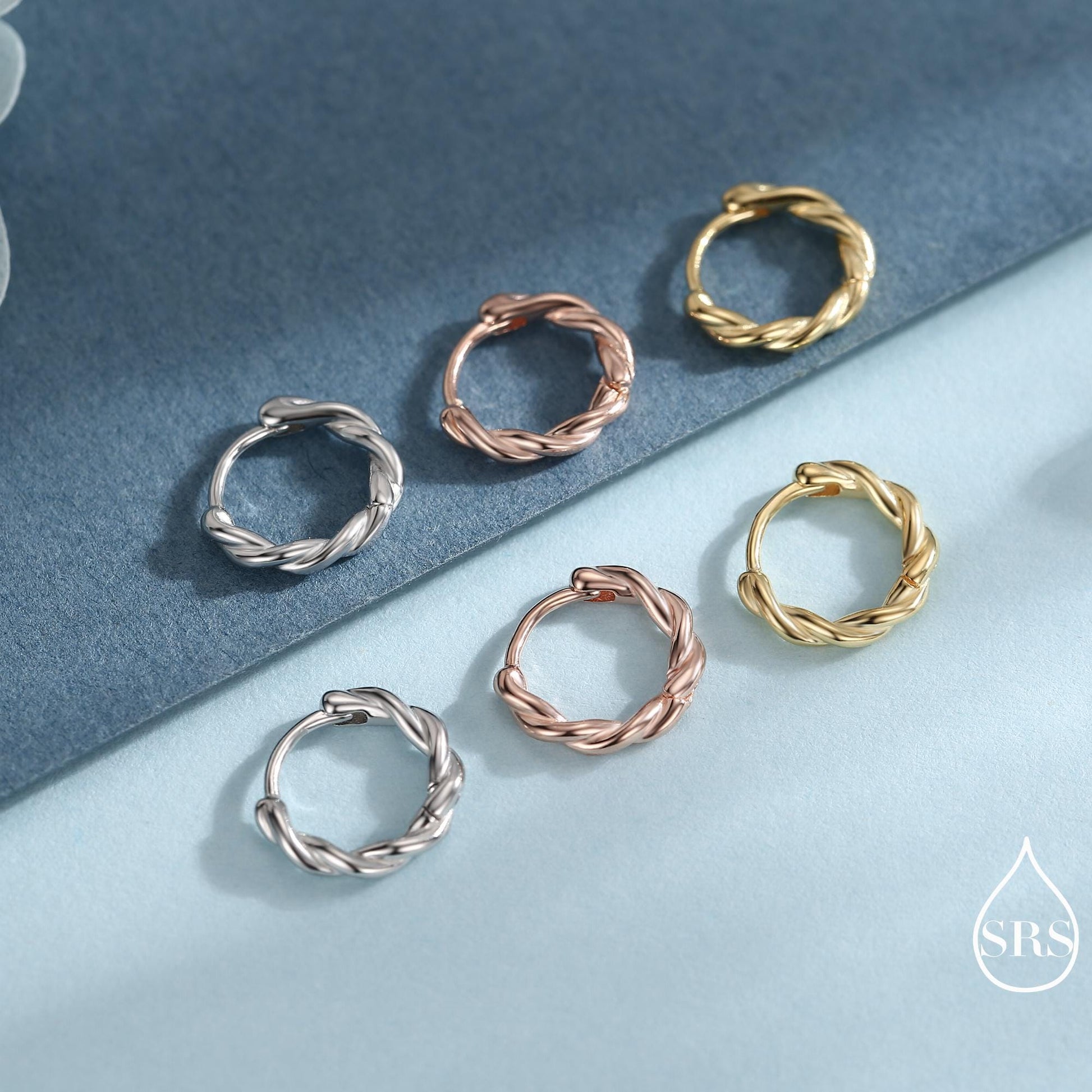 Sterling Silver Dainty Braided Hoop Earrings, 8mm or 10mm, Minimalist and Delicate Twist Rope Hoop Earrings, Silver, Gold, Rose Gold Finish