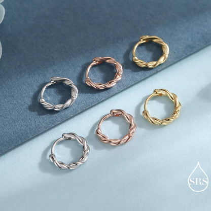Sterling Silver Dainty Braided Hoop Earrings, 8mm or 10mm, Minimalist and Delicate Twist Rope Hoop Earrings, Silver, Gold, Rose Gold Finish