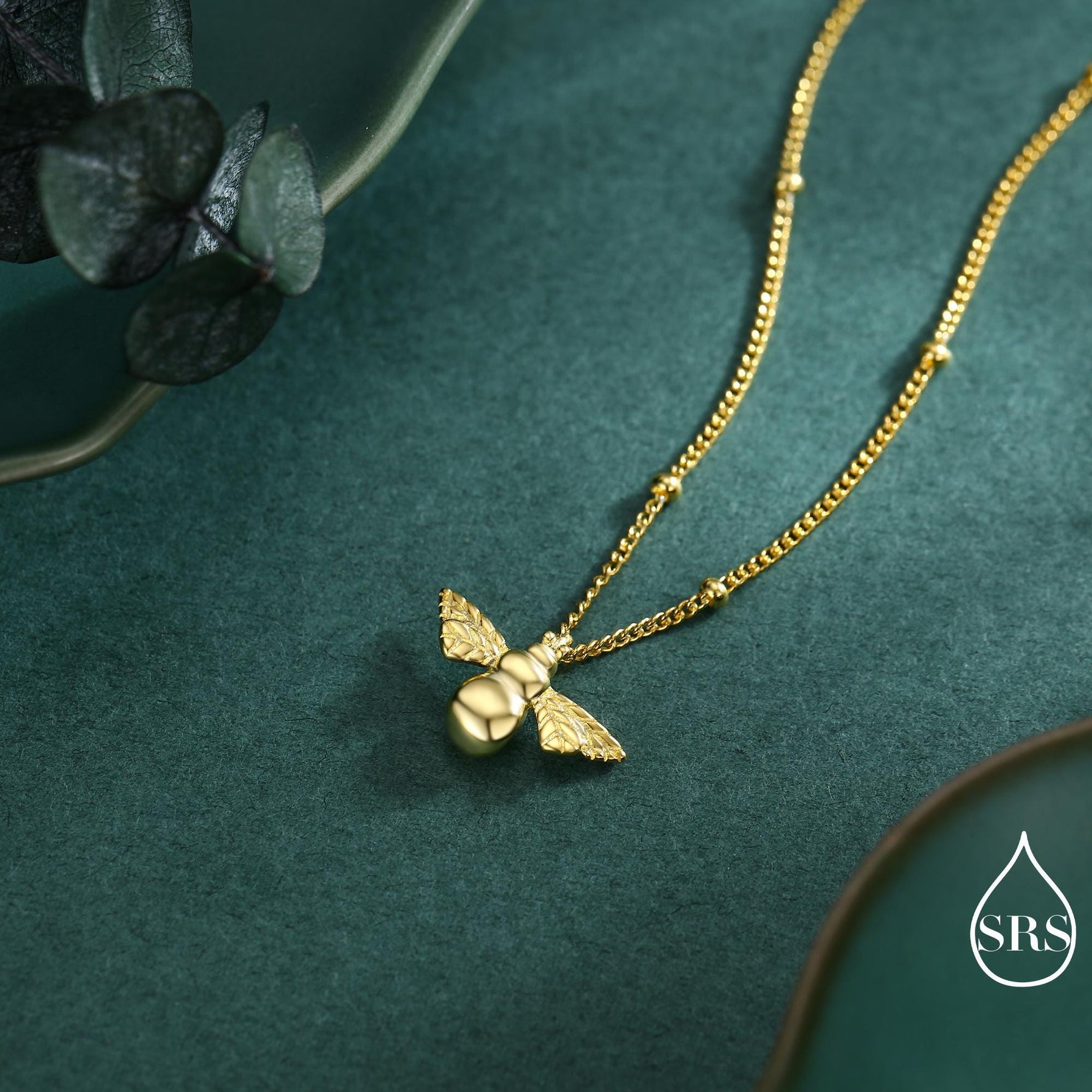 Tiny Bumble Bee Pendant Necklace in Sterling Silver, Silver or Gold, Beaded Chain, Satellite Chain, Nature Inspired Animal Jewellery