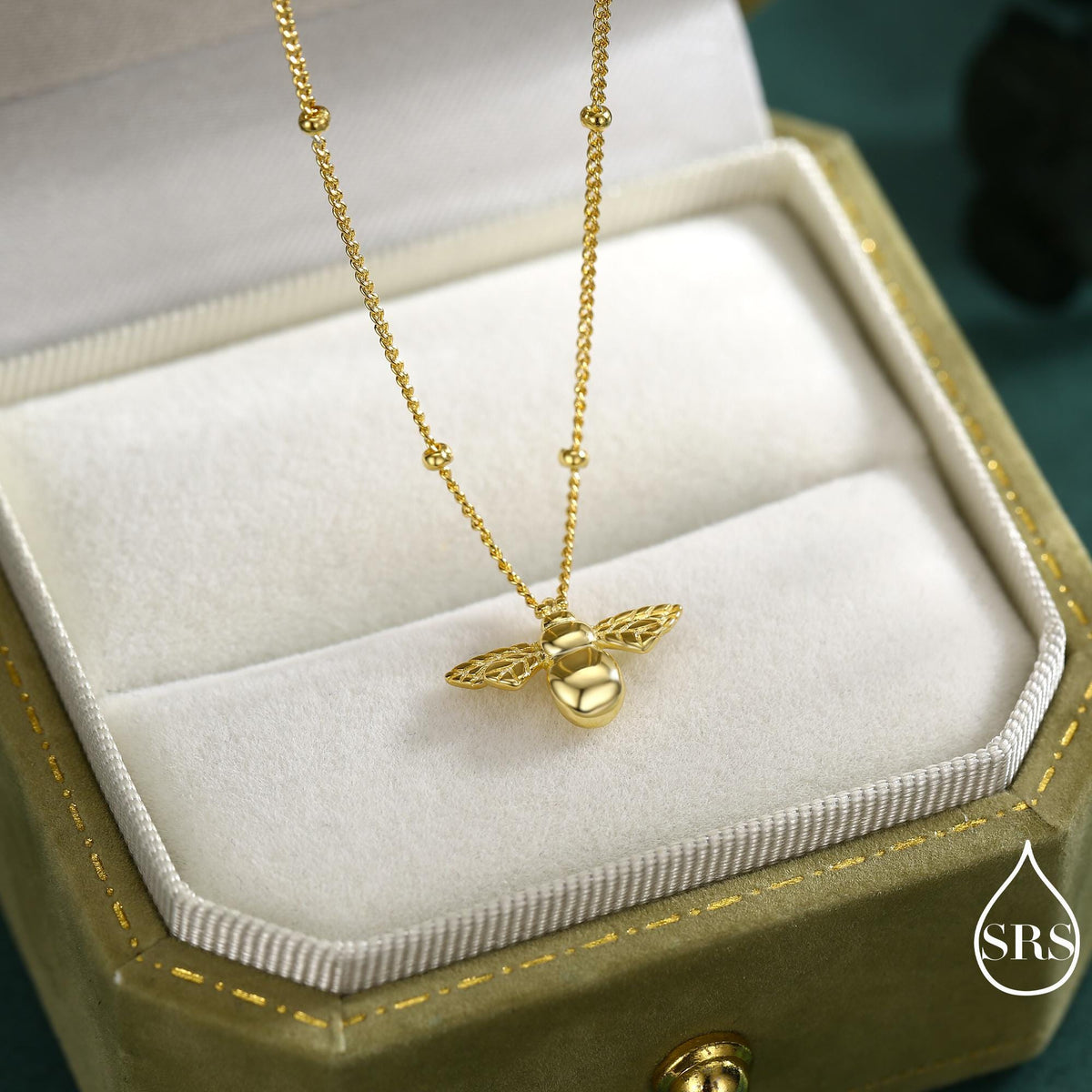 Tiny Bumble Bee Pendant Necklace in Sterling Silver, Silver or Gold, Beaded Chain, Satellite Chain, Nature Inspired Animal Jewellery